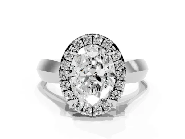 Oval Cut Cut Halo Solitaire Engagement Ring with Square Band and Four-Prong Setting White gold