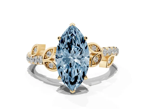 Fancy Blue Marquise Cut Solitaire Leaf-Inspired Diamond Ring with Pavé Band and Four-Prong Setting Yellow gold