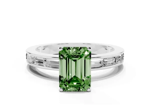 Fancy Green Emerald Cut Solitaire Diamond Ring with Channel-Set Baguette Band and Four-Prong Setting White gold