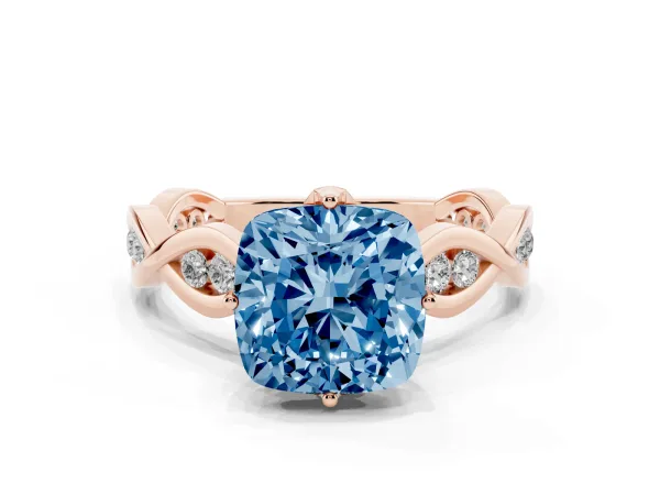 Fancy Blue Cushion Cut Solitaire Twist Band with Leaf Prong Setting Rose gold