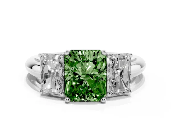 Fancy Green Three-Stone Radiant Cut Cut Diamond Engagement Ring with Prong Setting on a White Gold Band White gold