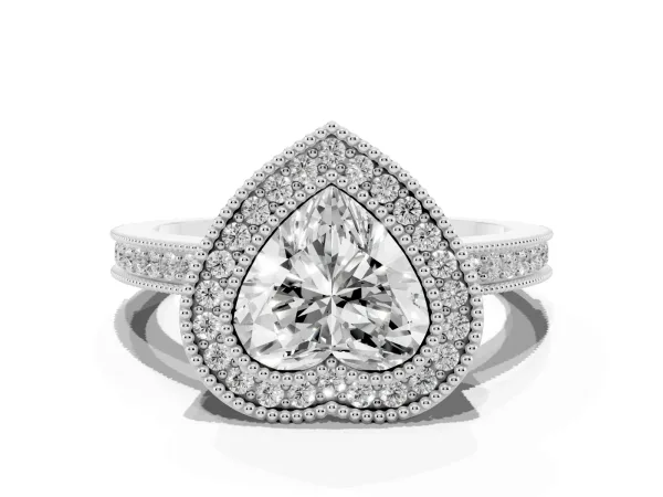 Heart Cut Cut Halo Diamond Ring with Pavé Band and Milgrain Prong Setting White gold