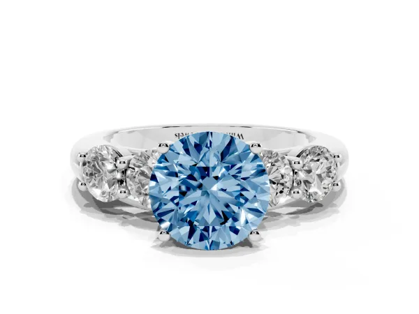 Fancy Blue Round Cut Cut Five-Stone Prong Set Diamond Ring with Classic Band Platinum