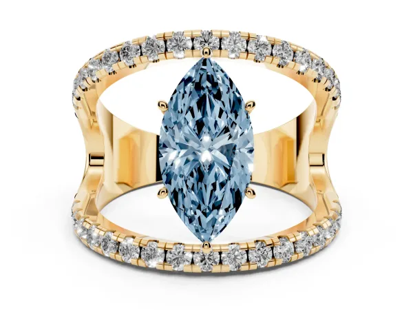 Fancy Blue Marquise Cut Solitaire Split Shank Pave Diamond Ring Yellow gold