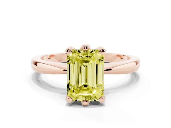 Fancy Yellow Emerald Cut Solitaire Engagement Ring with Six-Prong Setting and Tapered Band Rose gold