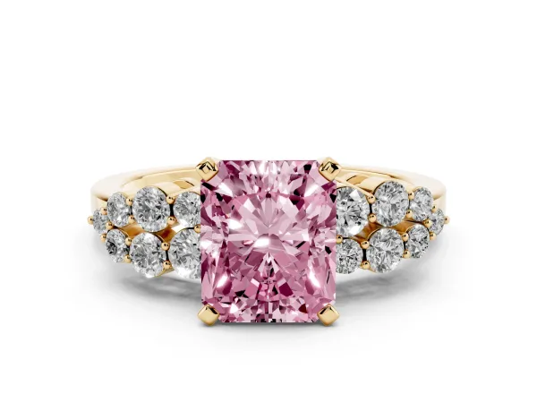 Fancy Pink Radiant Cut Cluster Diamond Engagement Ring with Pavé Band and Four-Prong Setting Yellow gold
