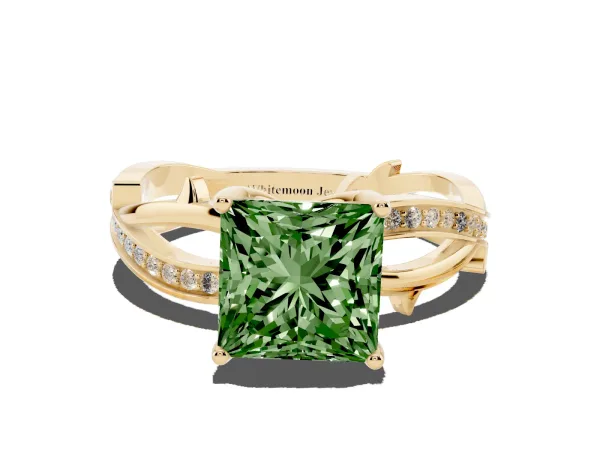 Fancy Green Princess Cut Solitaire Twist Band with Pavé Accents and Four-Prong Setting Yellow gold