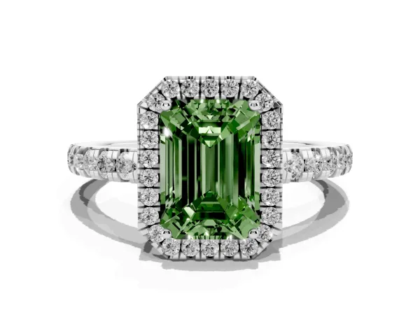 Fancy Green Emerald Cut Diamond Halo Ring with Pavé Band and Four-Prong Setting White gold