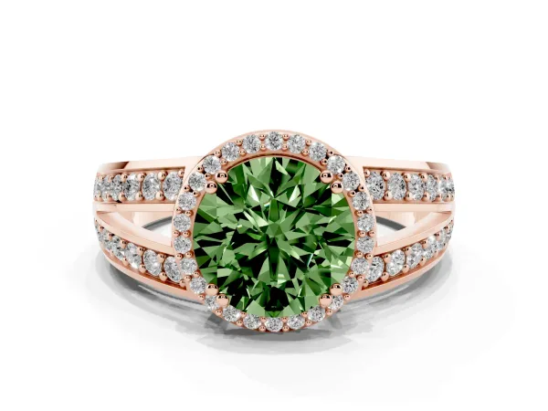 Fancy Green Round Cut Diamond Halo Ring with Split Shank Pavé Band and Four-Prong Setting Rose gold