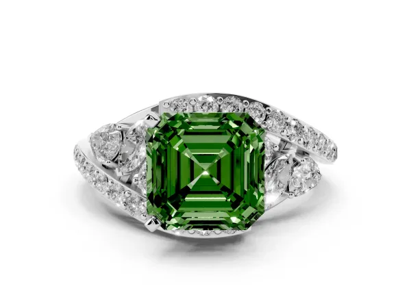 Fancy Green Asscher Cut Diamond Halo Ring with Marquise and Pavé Band in Prong Setting White gold