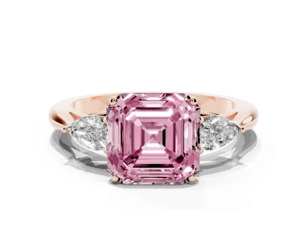 Fancy Pink Three-Stone Asscher Cut Brilliant Diamond Solitaire Ring with Tapered Band and Four-Prong Setting Rose gold