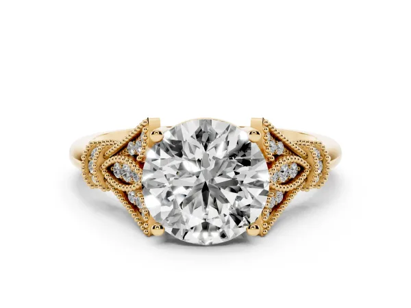 Round Cut Diamond Solitaire Ring with Floral Filigree and Pave Accents Yellow gold
