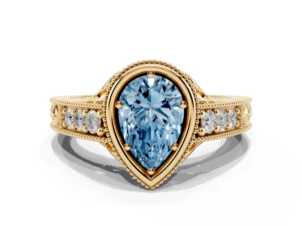 Fancy Blue Bezel Set Pear Cut Diamond Milgrain Pave Engagement Ring Yellow gold
