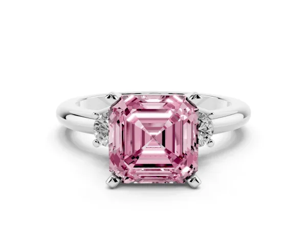 Fancy Pink Three-Stone Asscher Cut Cut Diamond Solitaire with Prong Setting and Classic Band White gold