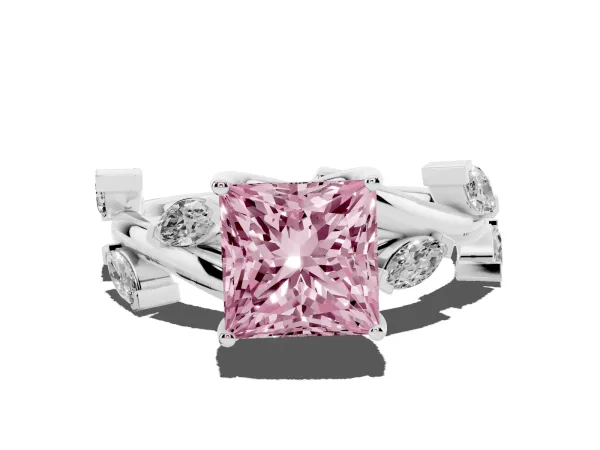 Fancy Pink Princess Cut Solitaire Twisted Band Marquise Accent Prong Setting Ring White gold