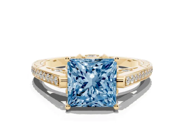 Fancy Blue Princess Cut Cut Cathedral Pave Diamond Engagement Ring with Six-Prong Setting Yellow gold