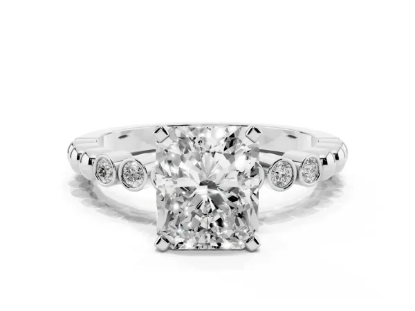 Radiant Cut Solitaire Bezel Accent Diamond Engagement Ring with Beaded Band and Four-Prong Setting Platinum