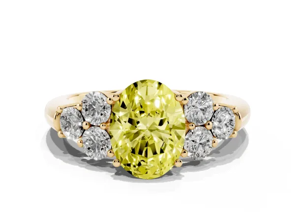 Fancy Yellow Oval Cut Cut Diamond Cluster Ring with Round Accent Stones and Prong Setting on a Classic Band Yellow gold