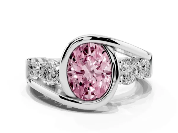 Fancy Pink Bezel Set Oval Cut Diamond Bypass Ring with Round Accents White gold