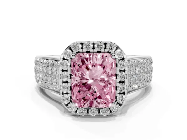 Fancy Pink Radiant Cut Halo Round Diamond Pave Band with Prong Setting White gold