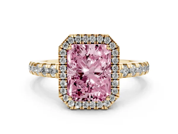 Fancy Pink Radiant Cut Diamond Halo Ring with Pavé Band and Four-Prong Setting Yellow gold