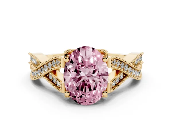 Fancy Pink Oval Cut Cut Diamond Twisted Band with Milgrain Pave Setting and Four-Prong Setting Yellow gold