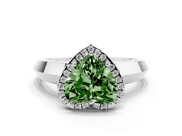 Fancy Green Heart Cut Halo Diamond Ring with Cathedral Band and Four-Prong Setting Platinum
