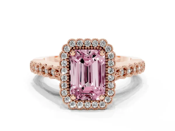 Fancy Pink Emerald Cut Cut Halo Pavé Solitaire Ring with Milgrain Band Rose gold