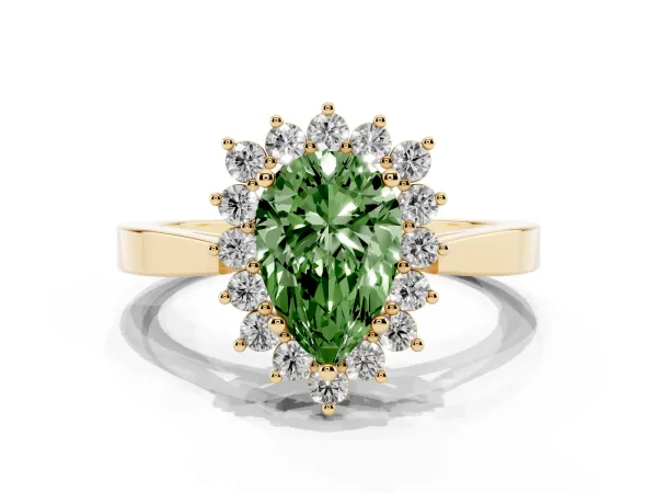 Fancy Green Pear Cut Cut Diamond Halo Ring with Round Brilliant Halo and Solitaire Band Yellow gold