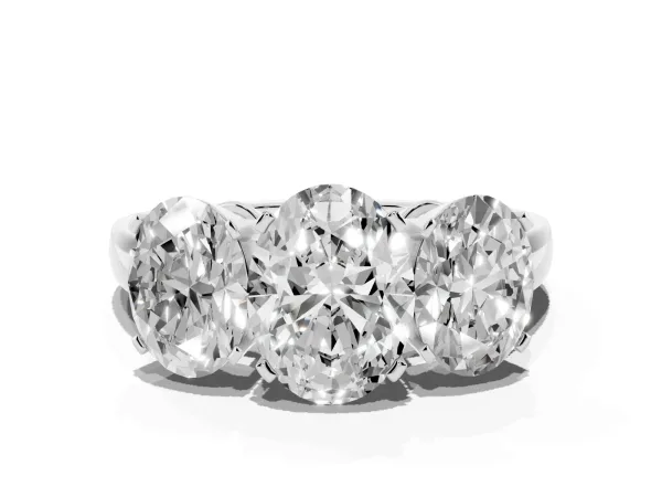 Three-Stone Oval Cut Cut Diamond Ring with Channel Set Band and Four-Prong Setting White gold