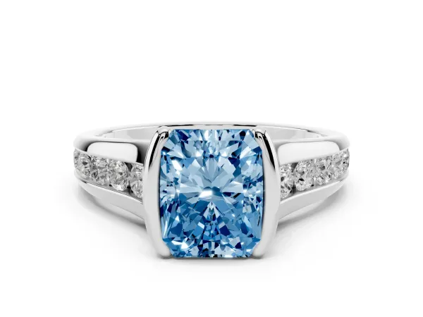 Fancy Blue Radiant Cut Solitaire Bezel-Set Diamond Ring with Channel-Set Band White gold