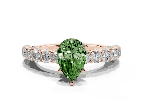 Fancy Green Pear Cut Diamond Solitaire Ring with Shared Prong Pavé Band and Four-Prong Setting Rose gold