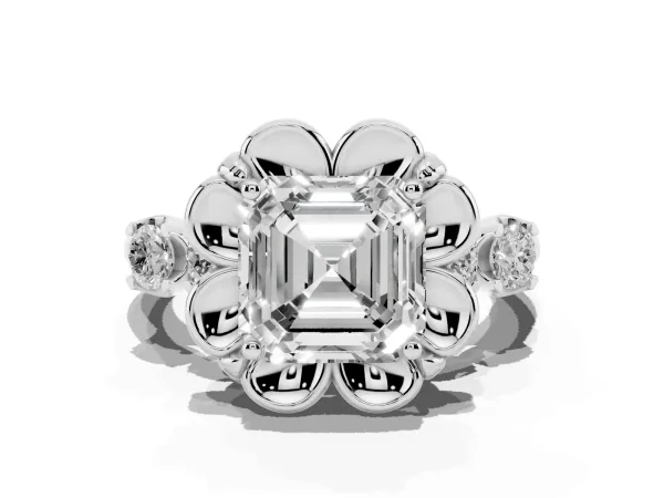 Asscher Cut Cut Diamond Floral Halo Engagement Ring with Shared Prong Setting White gold
