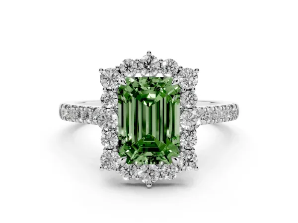 Fancy Green Emerald Cut Halo Diamond Ring with Pavé Band and Prong Setting Platinum
