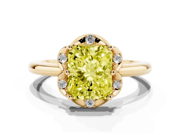 Fancy Yellow Radiant Cut Halo Diamond Ring with Round Cluster Setting, Solitaire Band, and Four-Prong Setting Yellow gold