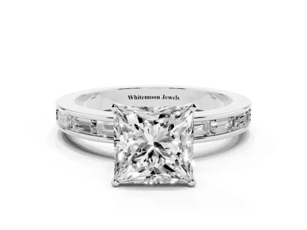 Princess Cut Solitaire Diamond Ring with Channel-Set Baguette Band and Four-Prong Setting Platinum