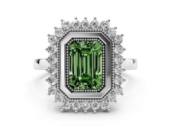 Fancy Green Emerald Cut Halo Diamond Ring with Milgrain Edge and Round Prong Setting Platinum