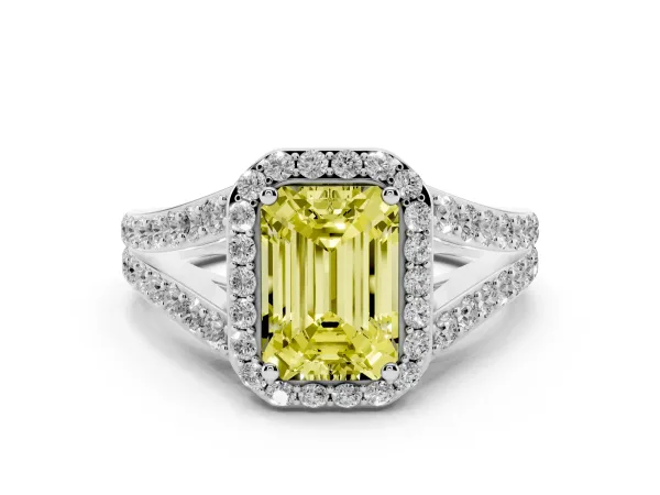 Fancy Yellow Emerald Cut Diamond Split Shank Halo Ring with Four-Prong Setting Platinum