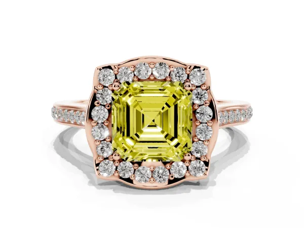 Fancy Yellow Asscher Cut Halo Round Diamond Pave Band with Four-Prong Setting Rose gold