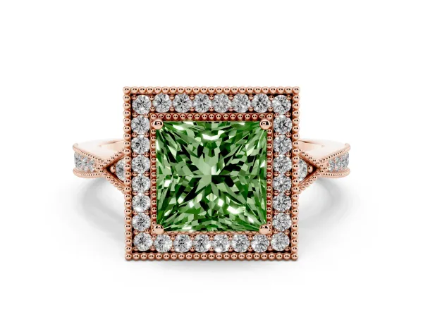 Fancy Green Princess Cut Halo Round Diamond Milgrain Pave Engagement Ring Rose gold