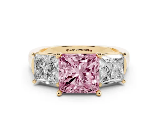 Fancy Pink Three-Stone Princess Cut Brilliant Diamond Trellis Ring with Comfort Fit Band Yellow gold