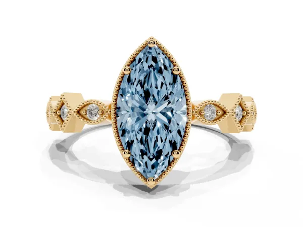 Fancy Blue Marquise Cut Milgrain Marquise Diamond Twist Band Ring Yellow gold