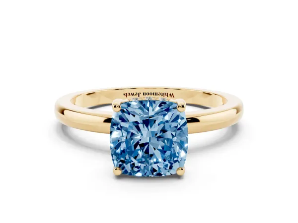 Fancy Blue Cushion Cut Solitaire Diamond Ring with Prong Setting and Plain Band Yellow gold
