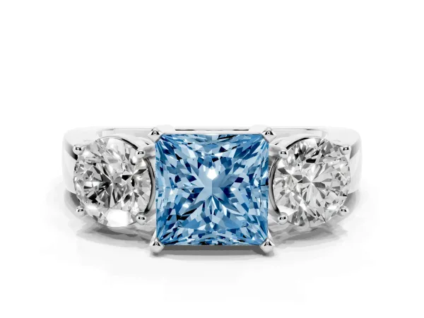Fancy Blue Three-Stone Princess Cut Diamond Ring with Round Side Stones, Classic Band, and Four-Prong Setting White gold
