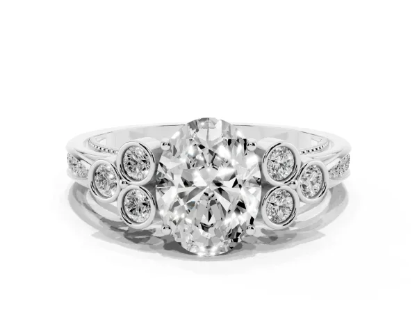 Oval Cut Cut Diamond Engagement Ring with Bezel Set Round Side Stones and Prong Setting White gold