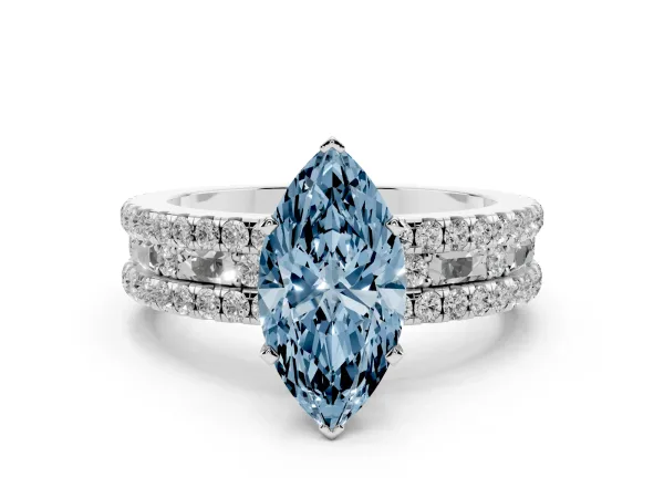 Fancy Blue Marquise Cut Diamond Solitaire Ring with Pavé and Channel Set Band Platinum