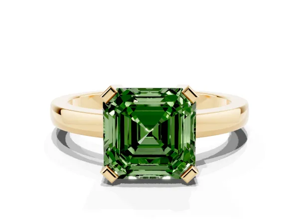 Fancy Green Asscher Cut Cut Solitaire Ring with Four-Prong Setting and Classic Band Yellow gold