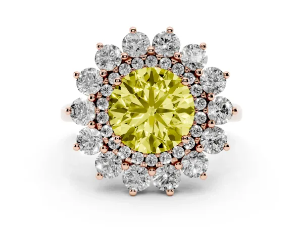 Fancy Yellow Round Cut Diamond Floral Double Halo Engagement Ring with Prong Setting Rose gold