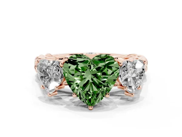 Fancy Green Three-Stone Heart Cut Diamond Braided Band Ring with Four-Prong Setting Rose gold