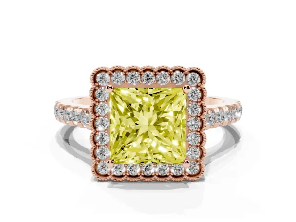 Fancy Yellow Princess Cut Cut Diamond Milgrain Floral Halo Engagement Ring with Pavé Band Rose gold